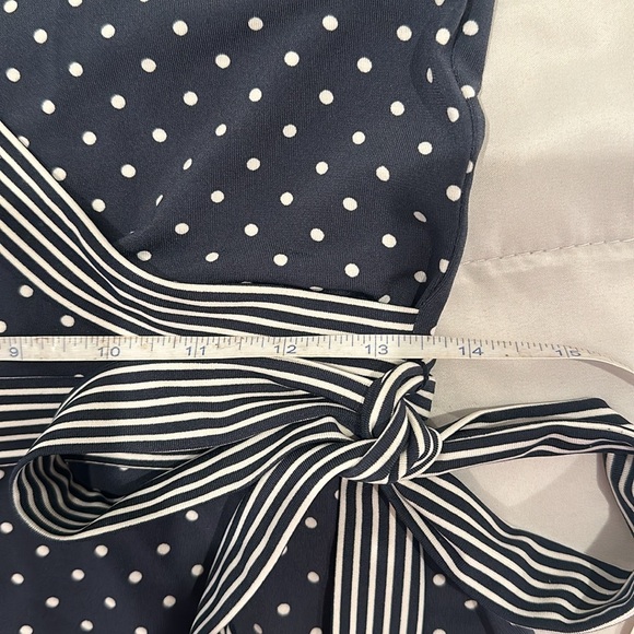 Polkadot Navy Blue and White Wrap Top with Striped Ribbon Waist Tie - Picture 6 of 7